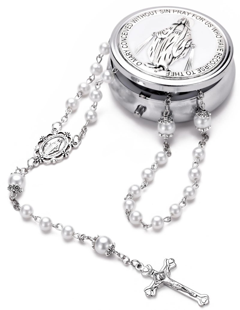 SZQCZB Rosary for Women with Case and 18pcs Prayer Cards, First Communion Gifts for Girls, Glass Pearl Beads and Virgin Mary Medal, Catholic Gifts - Image 4