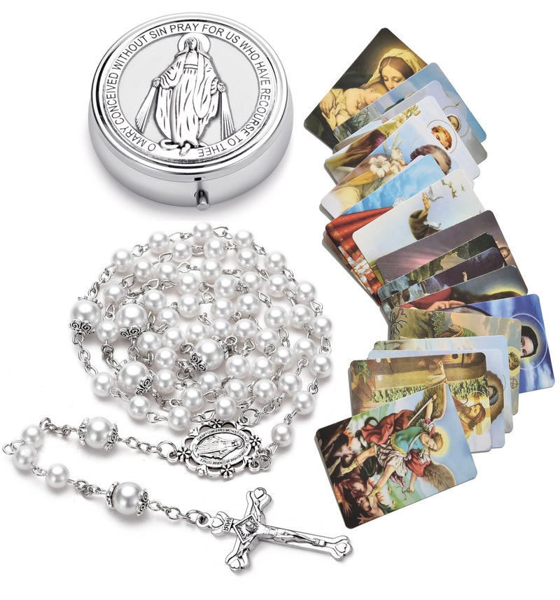 SZQCZB Rosary for Women with Case and 18pcs Prayer Cards, First Communion Gifts for Girls, Glass Pearl Beads and Virgin Mary Medal, Catholic Gifts - Image 1