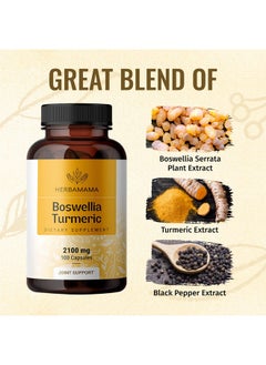 HERBAMAMA Boswellia Turmeric Capsules Joint Digestion & Brain Support Herbal Supplements W/Organic Herb Extract Of Black Pepper ; Made In Usa Vegan Gluten Free Non Gmo ; 100 Capsules 2100 Mg  - Image 3