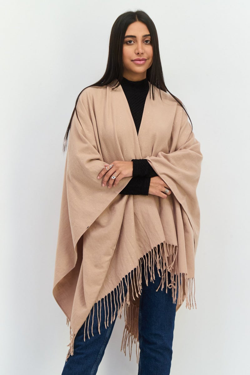 ADRIENNE VITTADINI Women Metallic Ruana Poncho, Tan  - Image 1