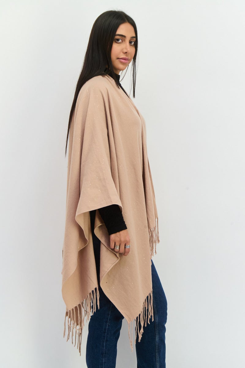 ADRIENNE VITTADINI Women Metallic Ruana Poncho, Tan  - Image 2