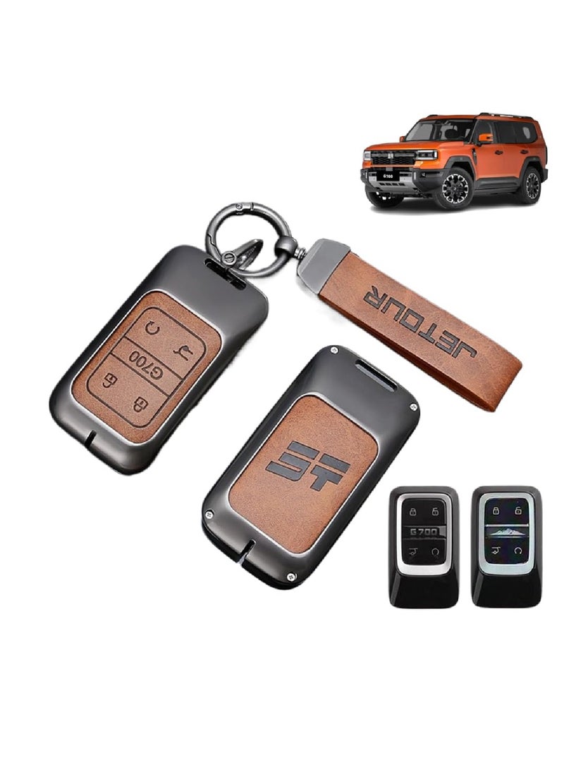 Adando Car Key Shell Case for Jetour G700 2025-2026 Models, Zinc Alloy & PU Protective Smart Key Cover, Full Protection Key Fob Housing[Ring] (Brown) - Image 1