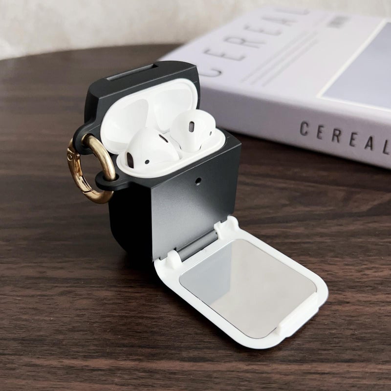 For AirPods 1 / 2 Leopard Print Folding Holder Earbuds Protective Case with Mirror(White)