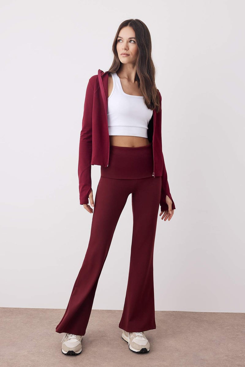 trendyol Burgundy Brushed Soft Fabric Waist Fold Detail Flare/Spanish Leg Yoga Knitted Sports Leggings Thmaw26Ty00001 - Image 1