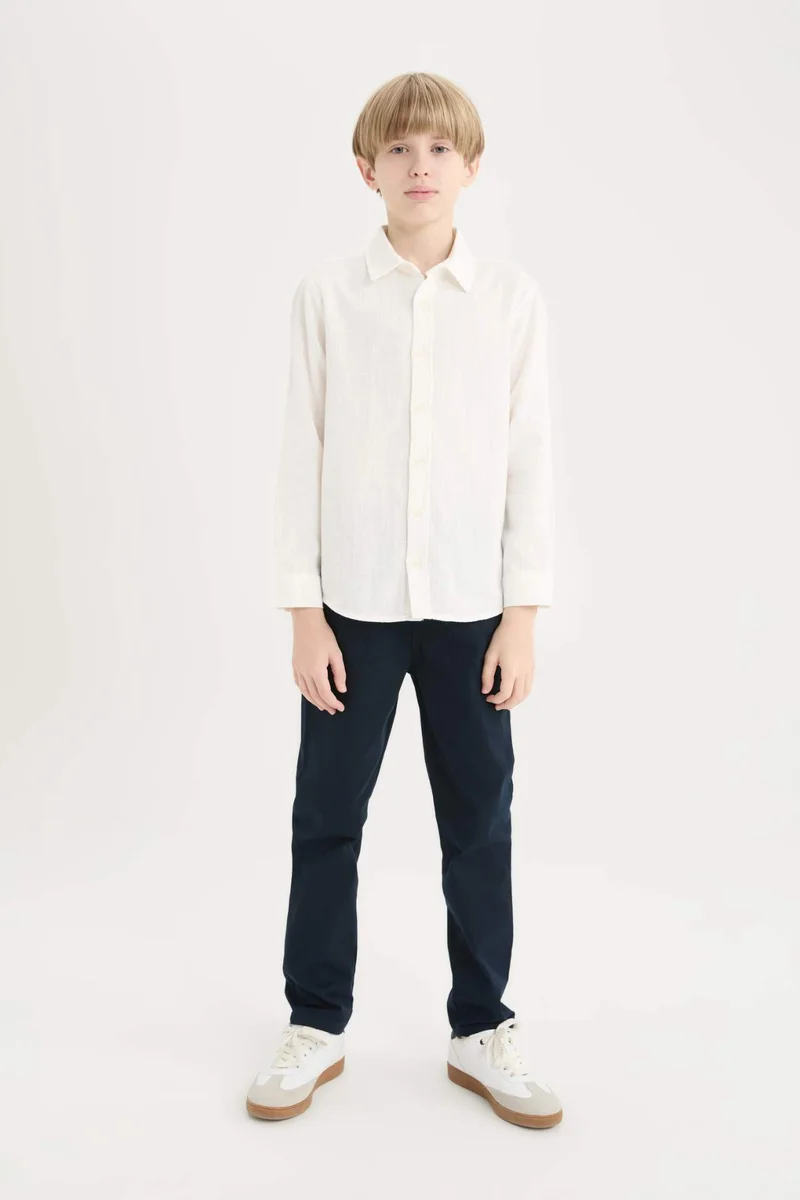 DeFacto Boy Polo Collar Linen Look Long Sleeve Shirt