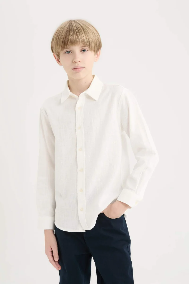 DeFacto Boy Polo Collar Linen Look Long Sleeve Shirt