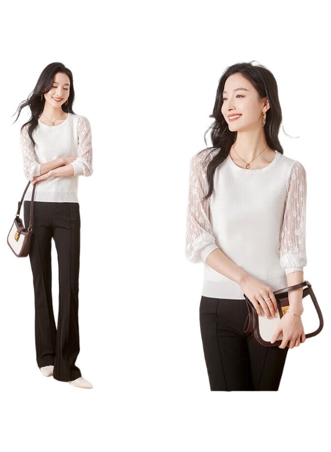First Application Chushen Thin Knit Sweater For Women, Fashionable Round Neck Elegant Lace Long-Sleeve Base Shirt Top S141Z3740 - Image 3
