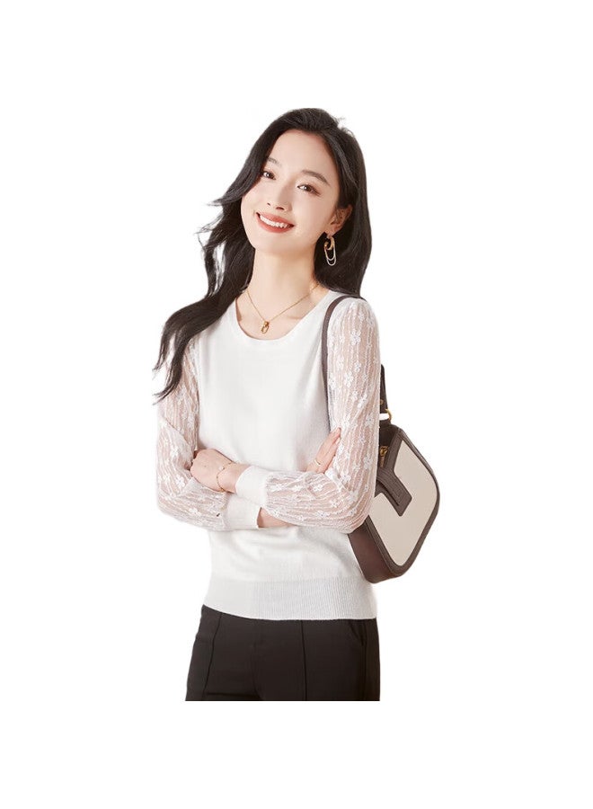 First Application Chushen Thin Knit Sweater For Women, Fashionable Round Neck Elegant Lace Long-Sleeve Base Shirt Top S141Z3740 - Image 2