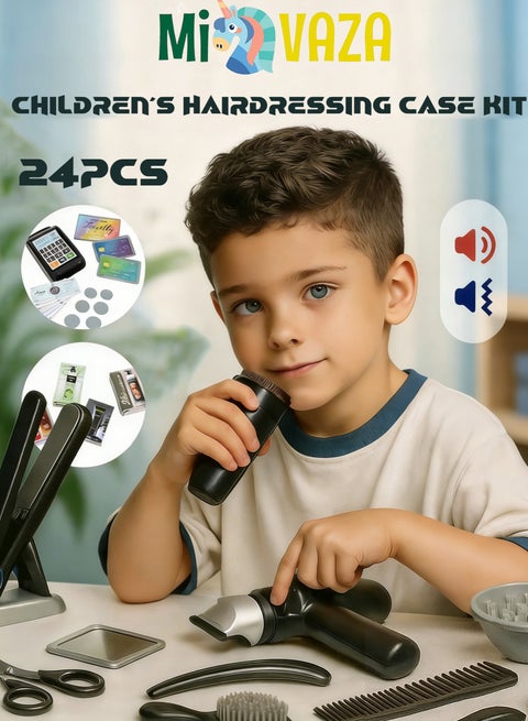 مجموعة ألعاب صالون تصفيف الشعر للأطفال مكونة من 24 قطعة، طقم حلاقة تظاهري لقص الشعر للأولاد مع مجفف شعر وماكينة حلاقة وشفرات ومكواة مسطحة ومقص وإكسسوارات تصفيف الشعر وهدايا عيد الميلاد