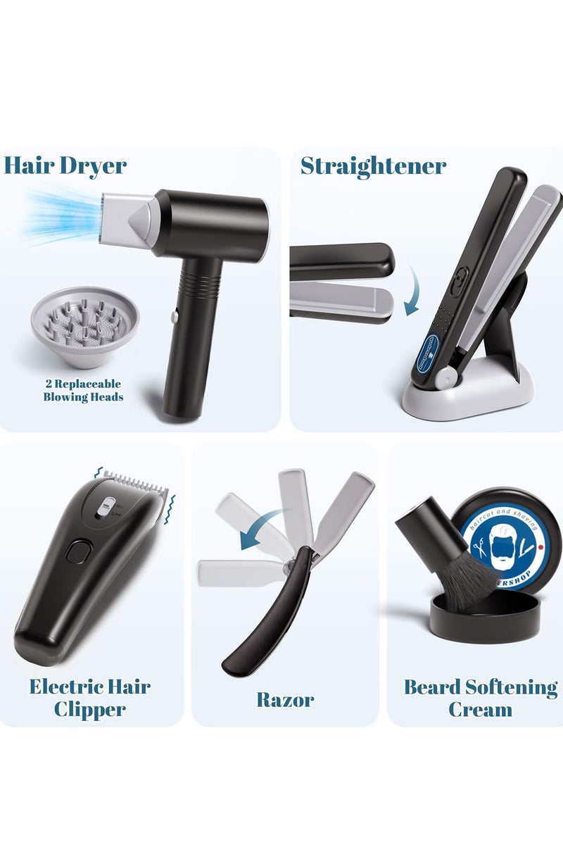 مي فازا مجموعة ألعاب صالون تصفيف الشعر للأطفال مكونة من 24 قطعة، طقم حلاقة تظاهري لقص الشعر للأولاد مع مجفف شعر وماكينة حلاقة وشفرات ومكواة مسطحة ومقص وإكسسوارات تصفيف الشعر وهدايا عيد الميلاد - Image 4