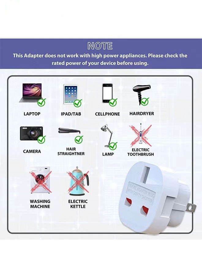 محول كهرباء من نوع G لـ A وB للتحويل من المقابس البريطانية الى امريكا‏ وكندا واليابان وتايلند والمكسيك وجامايكا وجمهورية الدومينيكان وبربادوس والصين والخ، 3 قطع بـ 2 دبوس مسطح للسفر (ابيض) - Image 2