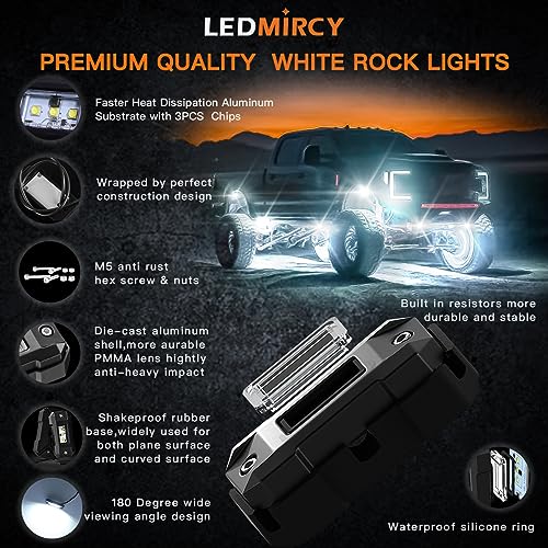 LEDMIRCY R4 Pure White LED Rock Lights Kit with Roker Switch Wire Harness 12PCS Rock Lights White for Offroad Trucks ATV UTV SUV Underglow Lights Trail Rig Lights Under Body High Power Waterproof - Image 4