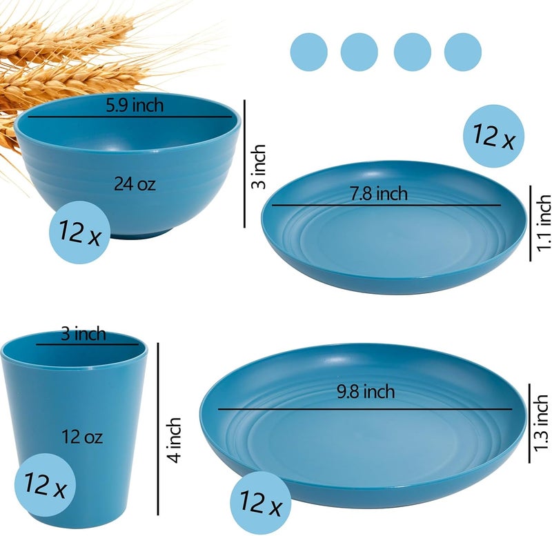 LIYH Love in your heart LIYH 48pcs Blue Wheat Straw Dinnerware Plates and Bowls Set Camping Dish Set for 12 Plastic Dinnerware Set Dishwasher Safe Dinnerware Set Unbreakable Plastic Camper Dish Sets - Image 2