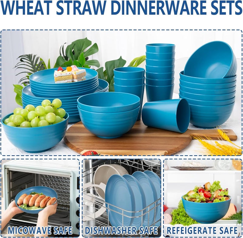LIYH Love in your heart LIYH 48pcs Blue Wheat Straw Dinnerware Plates and Bowls Set Camping Dish Set for 12 Plastic Dinnerware Set Dishwasher Safe Dinnerware Set Unbreakable Plastic Camper Dish Sets - Image 4