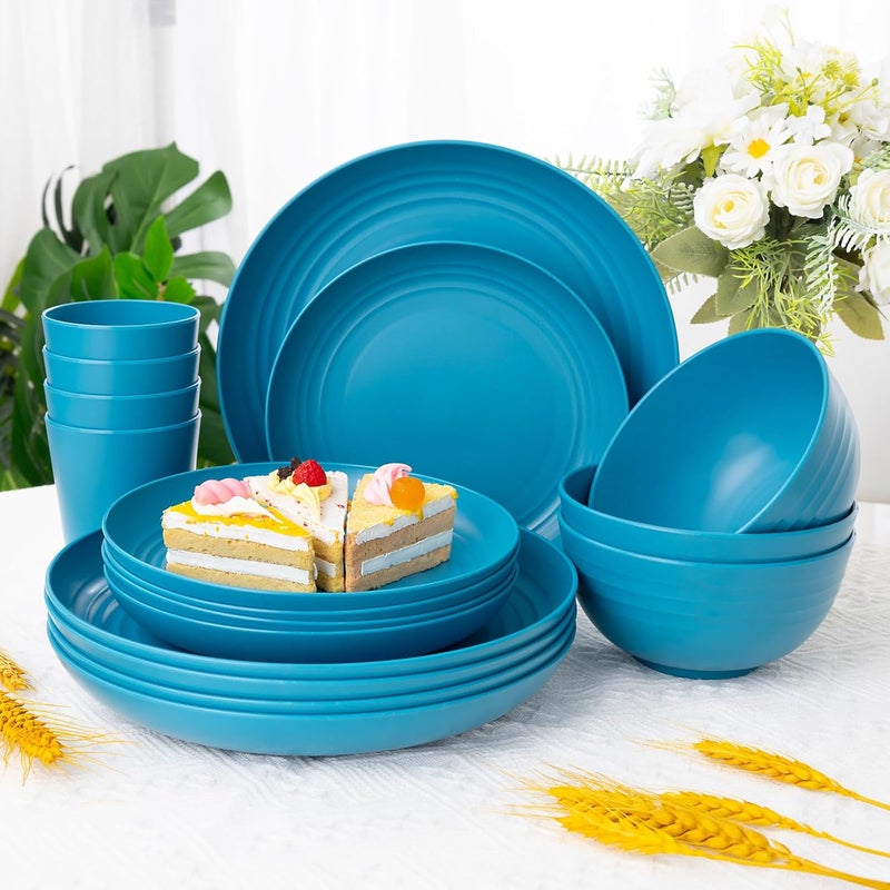 LIYH Love in your heart LIYH 48pcs Blue Wheat Straw Dinnerware Plates and Bowls Set Camping Dish Set for 12 Plastic Dinnerware Set Dishwasher Safe Dinnerware Set Unbreakable Plastic Camper Dish Sets - Image 3