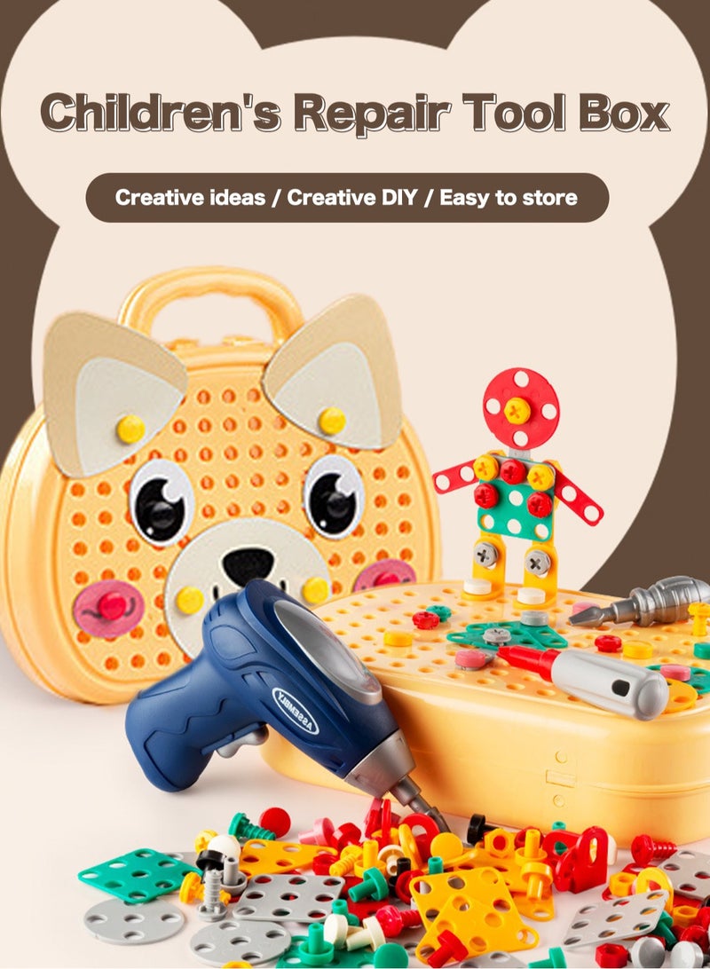 GGOOT Dog shaped toolbox toys -203 pieces of creative drilling set toys (including screwdriver tool toys, electric drill toys, electric drill requires buyer to prepare 2 AA batteries), rainbow fasteners for creative drilling toys, STEM building set toys, can help children improve their intelligence, thinking, and hands-on abilities - Image 1