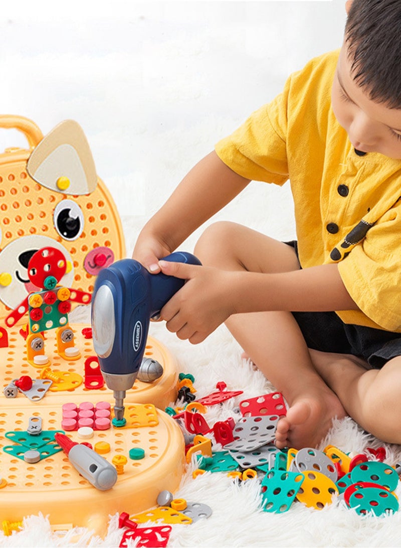 GGOOT Dog shaped toolbox toys -203 pieces of creative drilling set toys (including screwdriver tool toys, electric drill toys, electric drill requires buyer to prepare 2 AA batteries), rainbow fasteners for creative drilling toys, STEM building set toys, can help children improve their intelligence, thinking, and hands-on abilities - Image 2