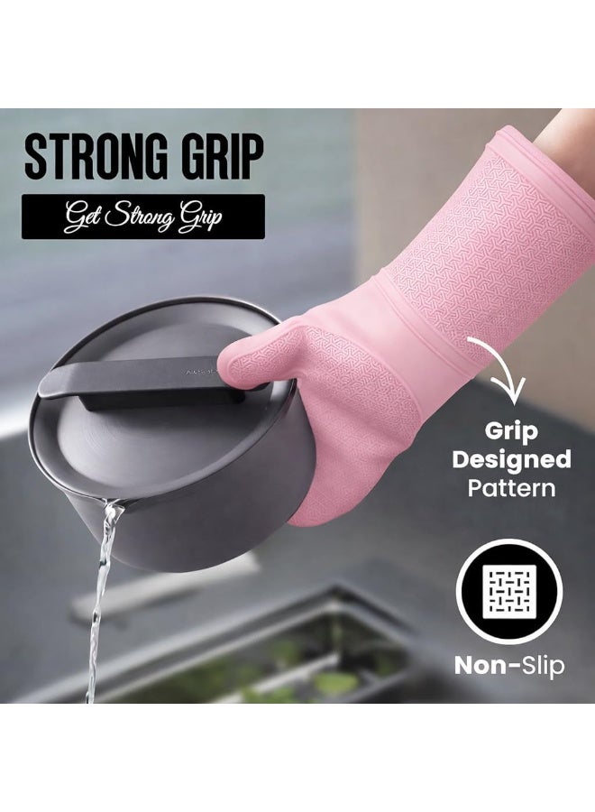 زوج من قفازات الفرن المصنوعة من السيليكون، قفازات طويلة للغاية مقاومة للحرارة، مصنفة حتى 260 درجة، مرنة، مانعة للانزلاق، تحمي أثناء الطهي والخبز، بطانة داخلية ناعمة، طقم حامل أواني المطبخ (وردي) - Image 4