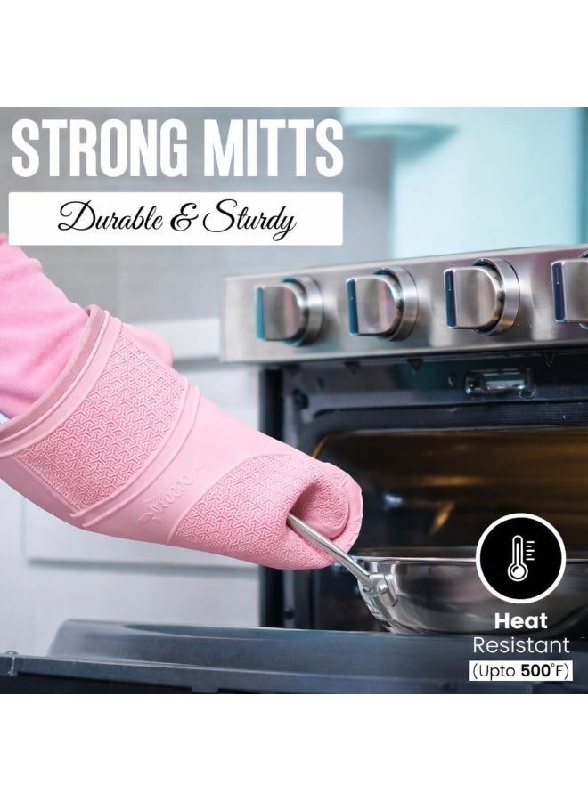 زوج من قفازات الفرن المصنوعة من السيليكون، قفازات طويلة للغاية مقاومة للحرارة، مصنفة حتى 260 درجة، مرنة، مانعة للانزلاق، تحمي أثناء الطهي والخبز، بطانة داخلية ناعمة، طقم حامل أواني المطبخ (وردي) - Image 3