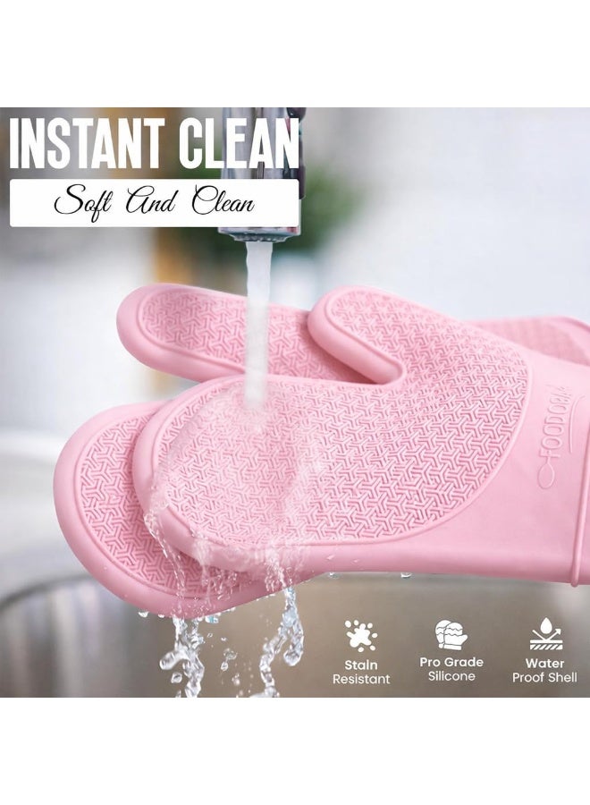 زوج من قفازات الفرن المصنوعة من السيليكون، قفازات طويلة للغاية مقاومة للحرارة، مصنفة حتى 260 درجة، مرنة، مانعة للانزلاق، تحمي أثناء الطهي والخبز، بطانة داخلية ناعمة، طقم حامل أواني المطبخ (وردي) - Image 2