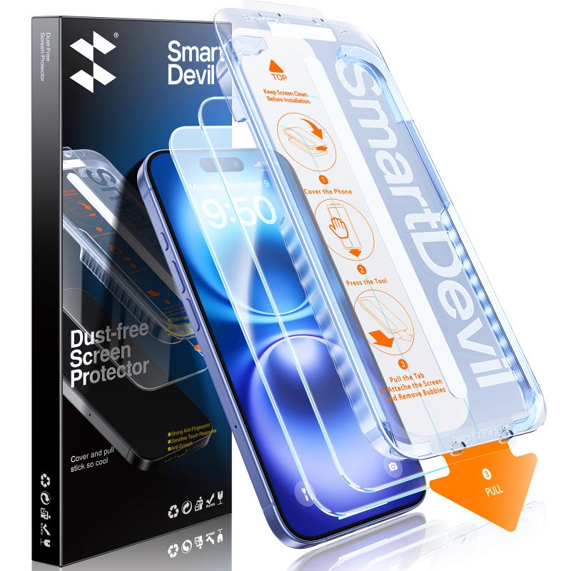 SMARTDEVIL 2 Pack for iPhone 16/ iPhone 15 Screen Protector, 9H Hardness Military Grade Shatterproof, HD Clear Tempered Glass with Auto Dust-Elimination, Bubble Free, Easy Installation, Case Friendly - Image 1
