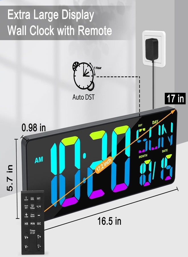 XREXS Large Digital Wall Clock with Remote Control, 17 Inch LED Large Display Count Up & Down Timer, Adjustable Brightness RGB Color Changing Clock Alarm Clock for Home, Gym, Office and Classroom - Image 5