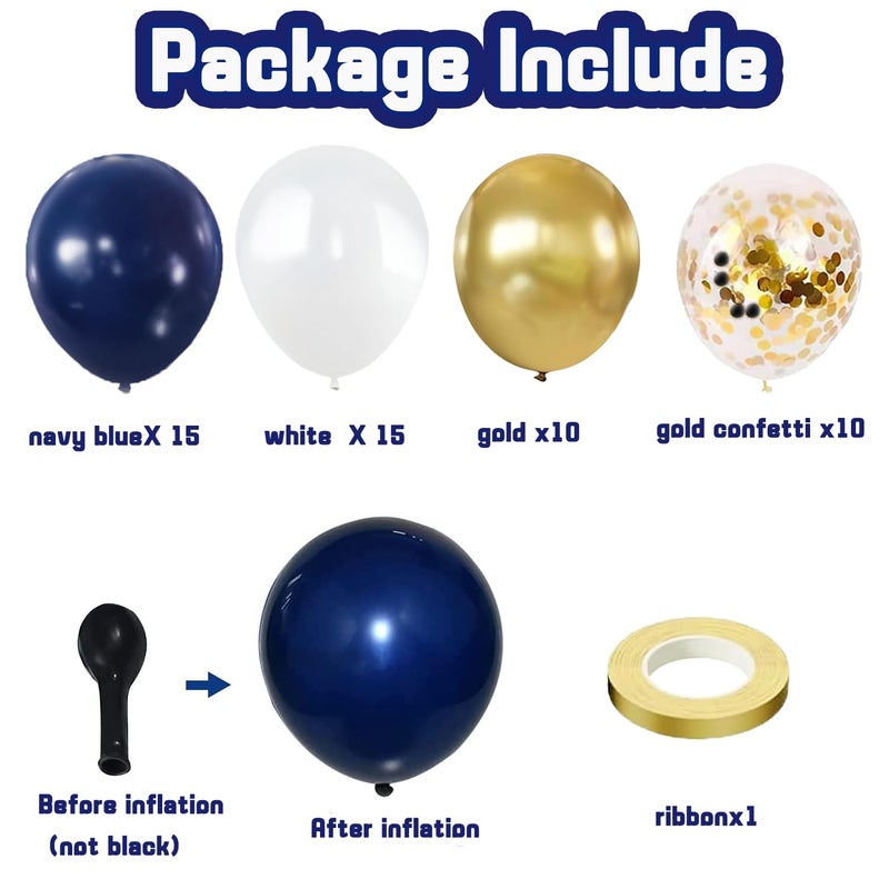 Zesliwy Navy Blue Gold Confetti Balloons Set,50pcs 12inch Royal Dark Blue Metallic Gold White Latex Balloons with Ribbon for Birthday Wedding Graduation Bridal Shower Party Decorations - Image 2