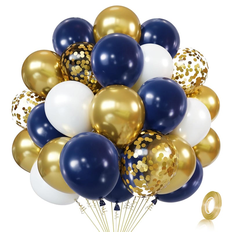 Zesliwy Navy Blue Gold Confetti Balloons Set,50pcs 12inch Royal Dark Blue Metallic Gold White Latex Balloons with Ribbon for Birthday Wedding Graduation Bridal Shower Party Decorations - Image 1