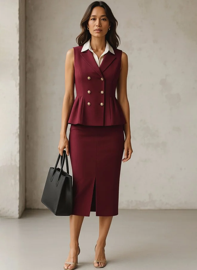 ساسافراس Burgundy Sleeveless Top And Skirt Set For Women