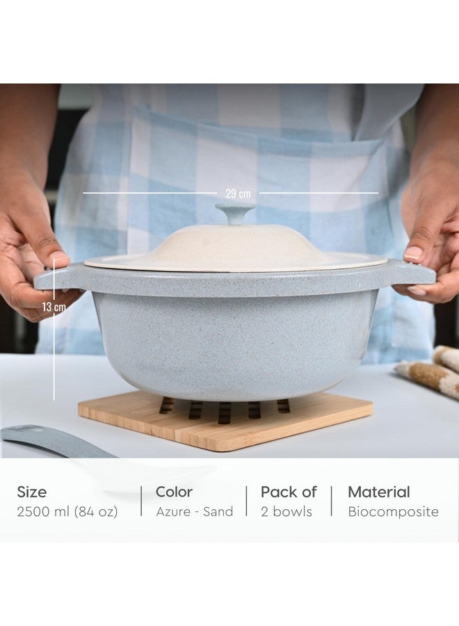 Eha Earth Friendly Serving Bowls with Lid | Microwave Safe | Made with Rice Husk and Bamboo Fibers | 2500 ml Each | Set of 2 | Sand-Azure - Image 2