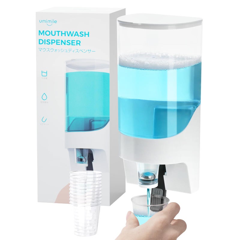Umimile Mouthwash Dispenser for Bathroom, Plastic Mouthwash Dispenser Wall Mounted, 30.4oz(900ml) Mouthwash Container with 10Pcs Reusable Cups - Image 1