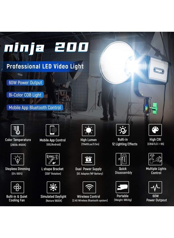 Weeylite Ninja 200 60W LED Video Light, Bi-Color 2800-8500K LED Continuous Lighting with CRI 95+ 15400lux@1m, App Control and Bowens Mount Adapter for Portrait Wedding Outdoor Shooting YouTube Videos - Image 2