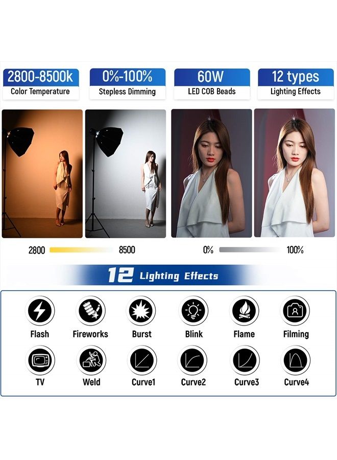 Weeylite Ninja 200 60W LED Video Light, Bi-Color 2800-8500K LED Continuous Lighting with CRI 95+ 15400lux@1m, App Control and Bowens Mount Adapter for Portrait Wedding Outdoor Shooting YouTube Videos - Image 3