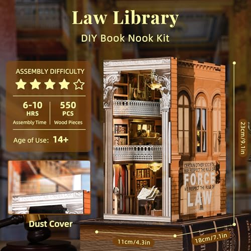 MiniCity DIY Book Nook Kit for Adults 3D Wooden Puzzle Bookend Bookshelf Insert Decor with LED Light and Dust Cover Law Library - Image 5