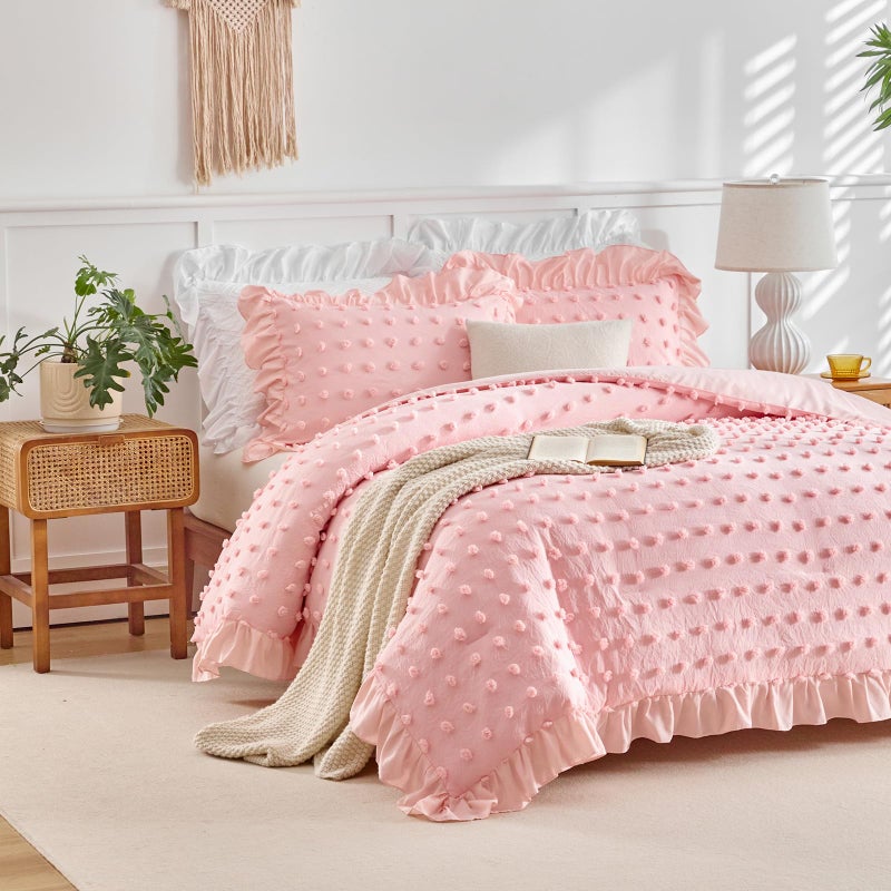 Flysheep Tufted Dots Ruffle Comforter Set Twin Size, 3 Pieces Pink Vintage Farmhouse Shabby Chic Comforters, Jacquard Boho Bohemian Bedding Set for Girls (1 Ruffled Comforter+ 2 Pillow Shams) - Image 4