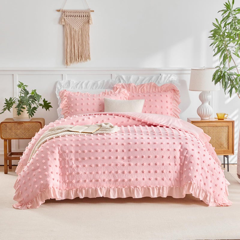 Flysheep Tufted Dots Ruffle Comforter Set Twin Size, 3 Pieces Pink Vintage Farmhouse Shabby Chic Comforters, Jacquard Boho Bohemian Bedding Set for Girls (1 Ruffled Comforter+ 2 Pillow Shams) - Image 1