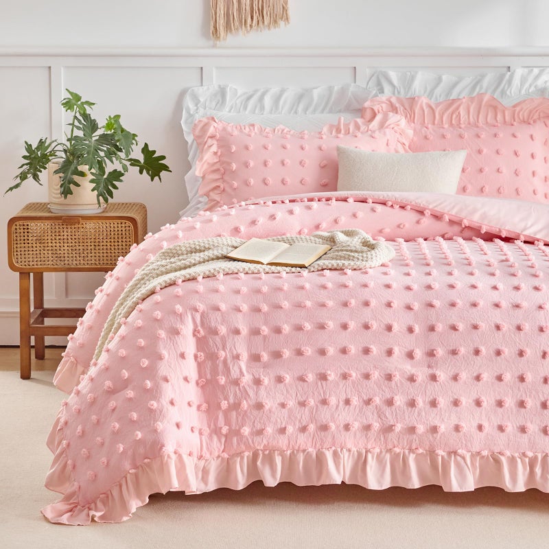 Flysheep Tufted Dots Ruffle Comforter Set Twin Size, 3 Pieces Pink Vintage Farmhouse Shabby Chic Comforters, Jacquard Boho Bohemian Bedding Set for Girls (1 Ruffled Comforter+ 2 Pillow Shams) - Image 3