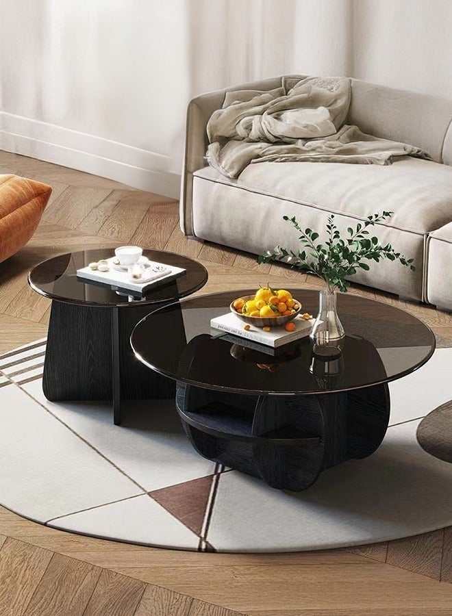 WALALLA Round Coffee Tables Set of 2, Geometric Glass Top with Wood Base Coffee Table for Living Room with Storage Compartment Space, Farmhouse Center Table for Living Room Home Office Black 70+50 cm - Image 1