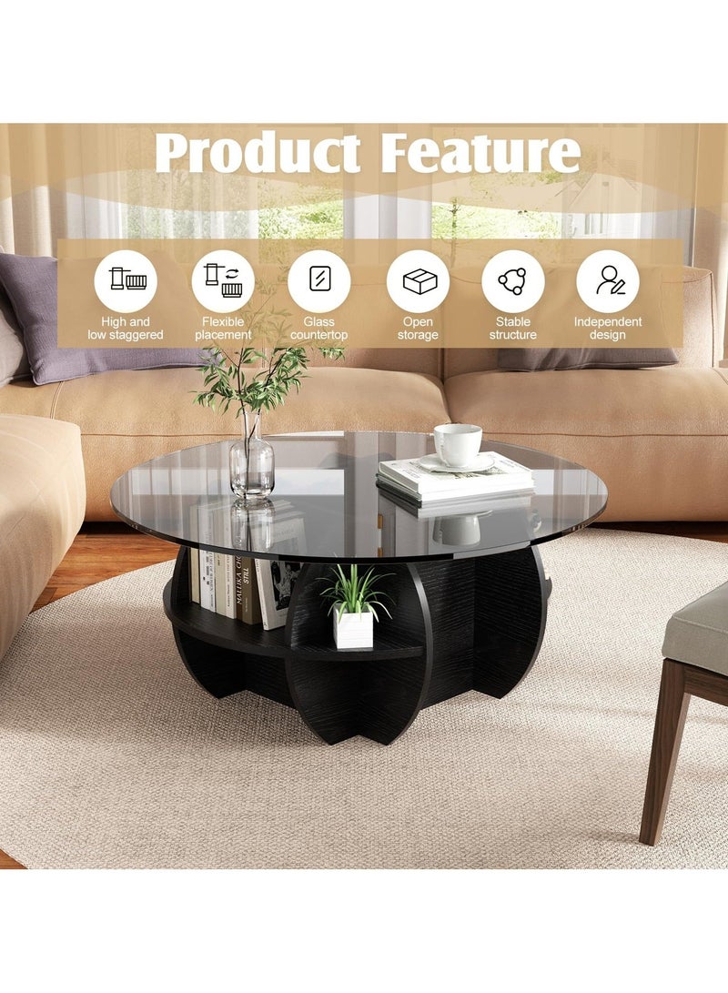 WALALLA Round Coffee Tables Set of 2, Geometric Glass Top with Wood Base Coffee Table for Living Room with Storage Compartment Space, Farmhouse Center Table for Living Room Home Office Black 70+50 cm - Image 5