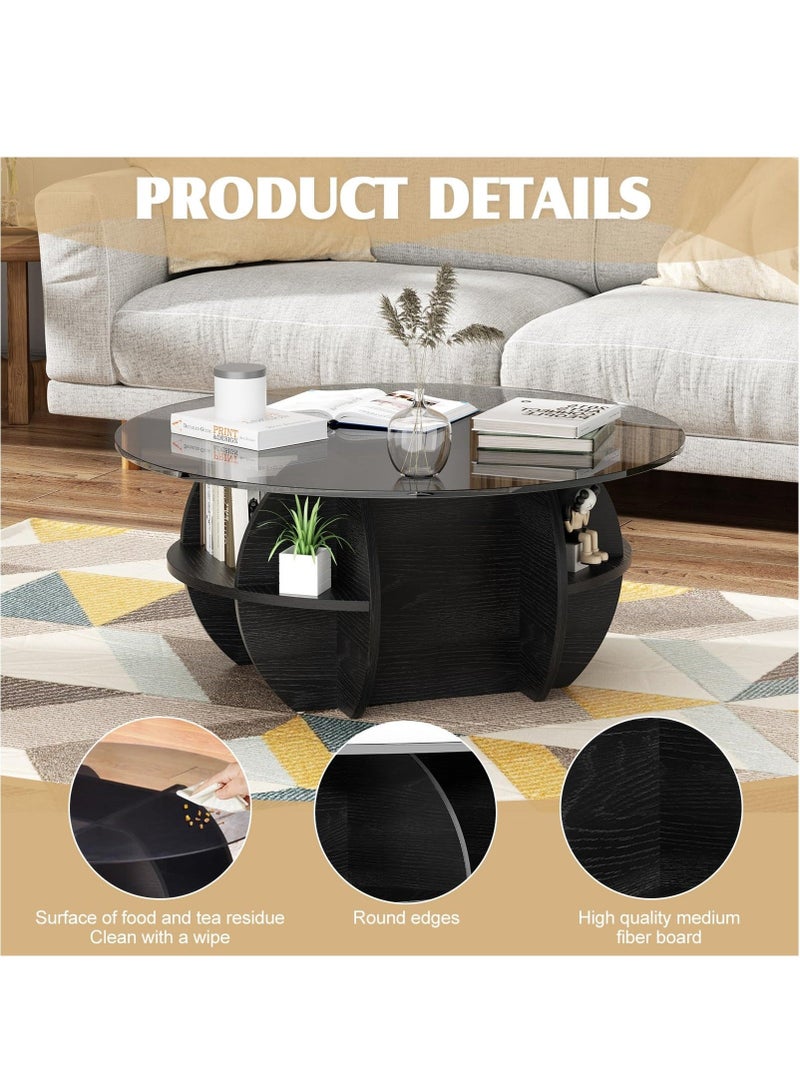 WALALLA Round Coffee Tables Set of 2, Geometric Glass Top with Wood Base Coffee Table for Living Room with Storage Compartment Space, Farmhouse Center Table for Living Room Home Office Black 70+50 cm - Image 3