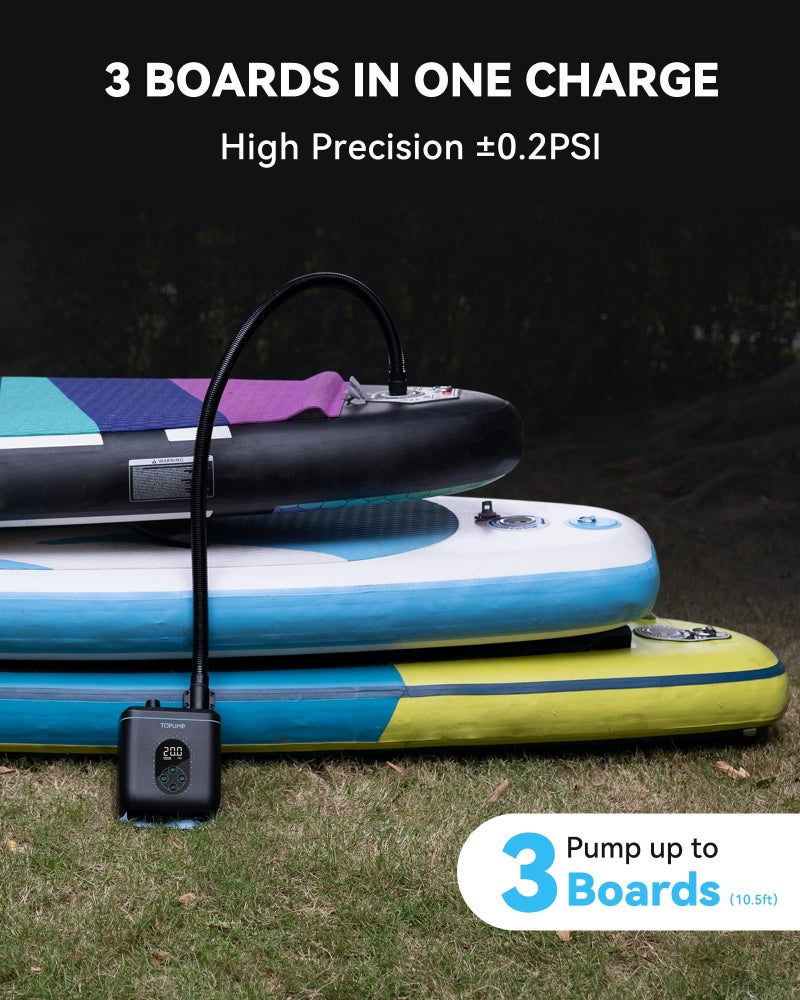 TOPUMP Paddle Board Electric Pump TPS260-20PSI Portable Rechargeable SUP Air Pump, Dual Stage Inflation & Deflation, Auto-Off for Stand Up Paddle Boards, Boats, Kayaks and Tent - Image 3