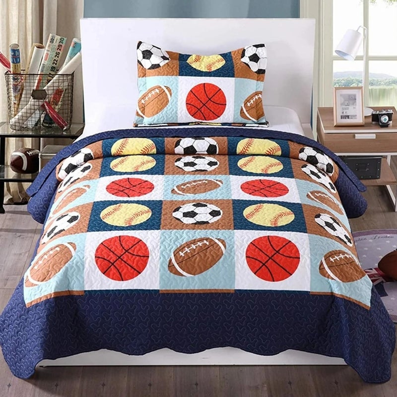 MarCielo MarCielo 2 Piece Kids Bedspread Quilts Set Throw Blanket for Teens Boys Bed Printed Bedding Coverlet Twin Size Blue Basketball Football Sports American Football Twin 