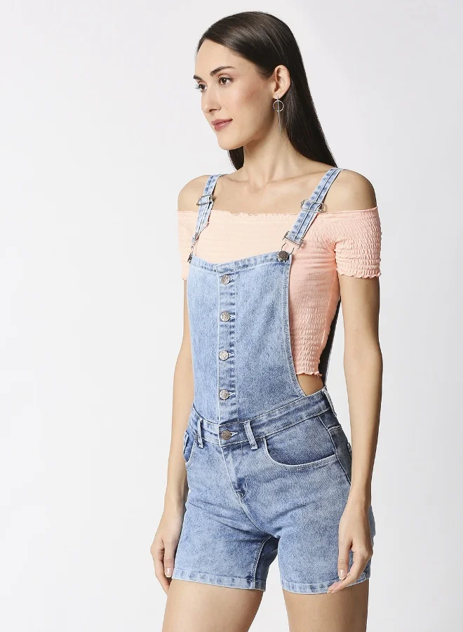 HIGH STAR Women Washed Solid Slim-Fit Denim Dungarees