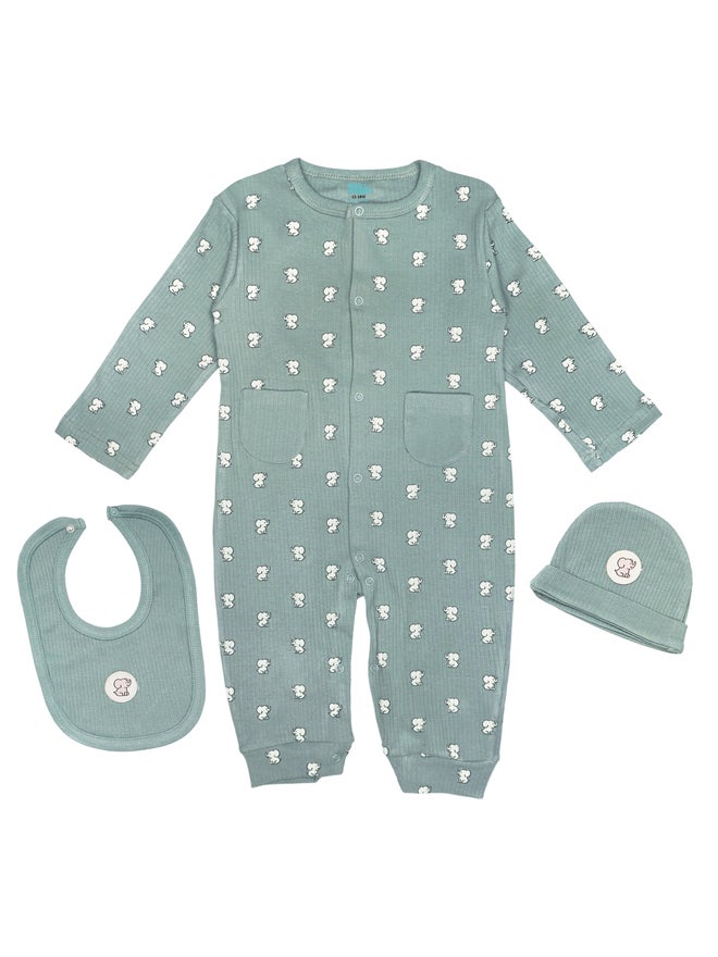 Babies Basic Premium Ribbed Cotton Sleepsuit Romper With Cap And Bib - Image 1