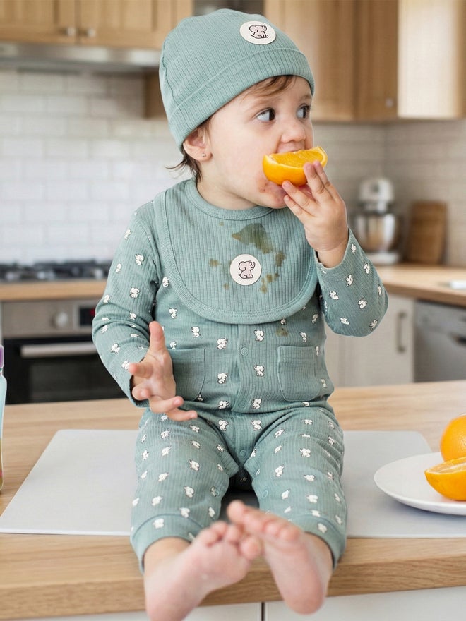 Babies Basic Premium Ribbed Cotton Sleepsuit Romper With Cap And Bib - Image 3