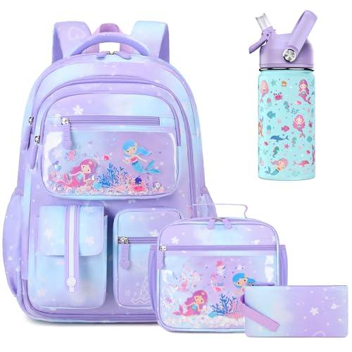 ACESAK Kids School Backpack for Girls, Mermaids Bookbag Backpack with 14OZ Water Bottle, GirlsTeens Middle Student, Girls Backpacks for School (4pcs Water Bottle) - Image 1
