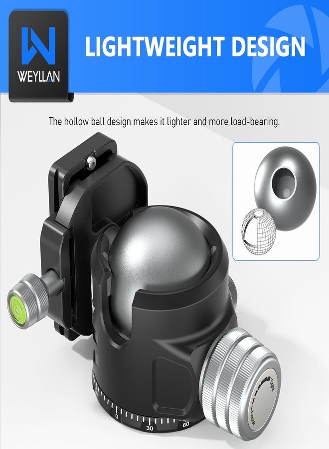 WEYLLAN Low Profile Ball Head 52mm Tripod Head DH52 Camera Head Mount, CNC Heavy Duty Ball Head with Two 1/4" Quick Release Plates, Panoramic Ballhead for Tripod, Monopod, DSLR, Max Load 66lbs /30kg - Image 5