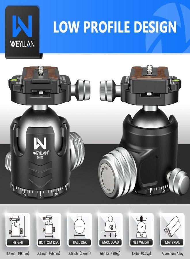 WEYLLAN Low Profile Ball Head 52mm Tripod Head DH52 Camera Head Mount, CNC Heavy Duty Ball Head with Two 1/4" Quick Release Plates, Panoramic Ballhead for Tripod, Monopod, DSLR, Max Load 66lbs /30kg - Image 3