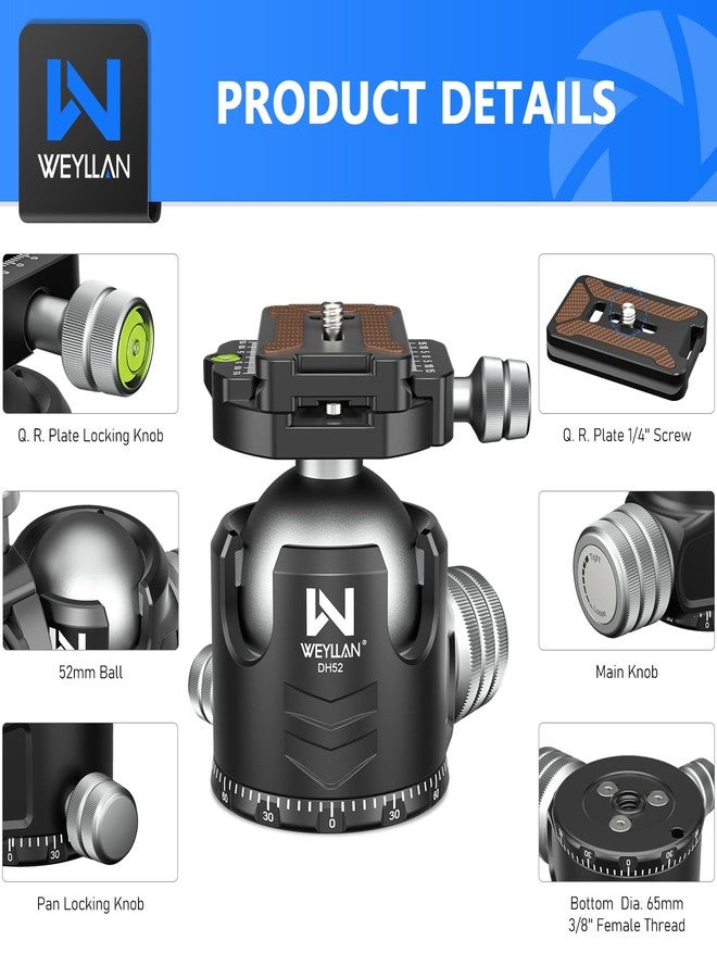 WEYLLAN Low Profile Ball Head 52mm Tripod Head DH52 Camera Head Mount, CNC Heavy Duty Ball Head with Two 1/4" Quick Release Plates, Panoramic Ballhead for Tripod, Monopod, DSLR, Max Load 66lbs /30kg - Image 2