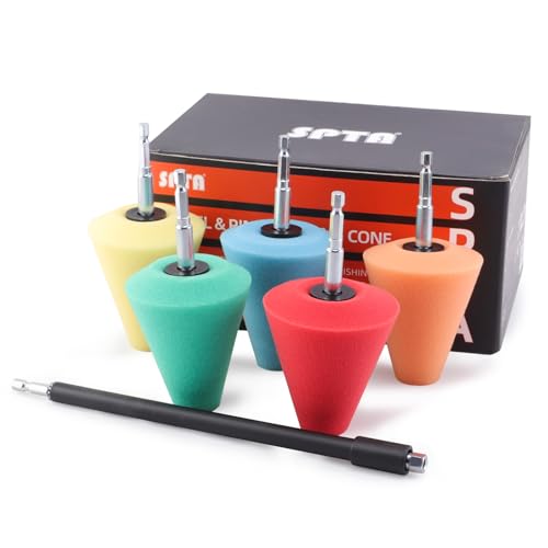SPTA Polishing Cone, SPTA Car Wheel Hub Drill Buffing Sponge Pads Kit, Polishing Ball, 5 Pack Car Buffers and Polishers Kit, Attaches to Standard Household Drill - Image 1
